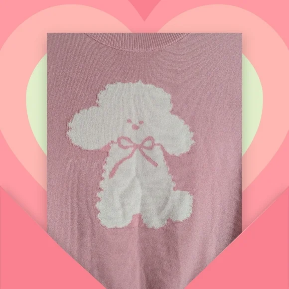 EUC Debut Pink Knit Short Sleeve Poodle Graphic Sweater Top M/L - Picture 6 of 11